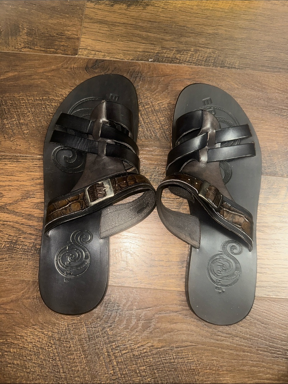 Seruti Men's Black and Dark Brown Leather Cross-Strap Slide Sandals, Size: 46